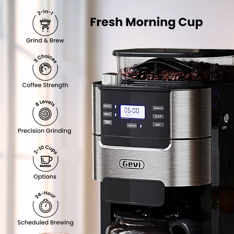 GEVI Programmable 10-Cup Grind & Brew Coffee Maker Machine with Built-in Grinder GECMA025AK-U - Image 3